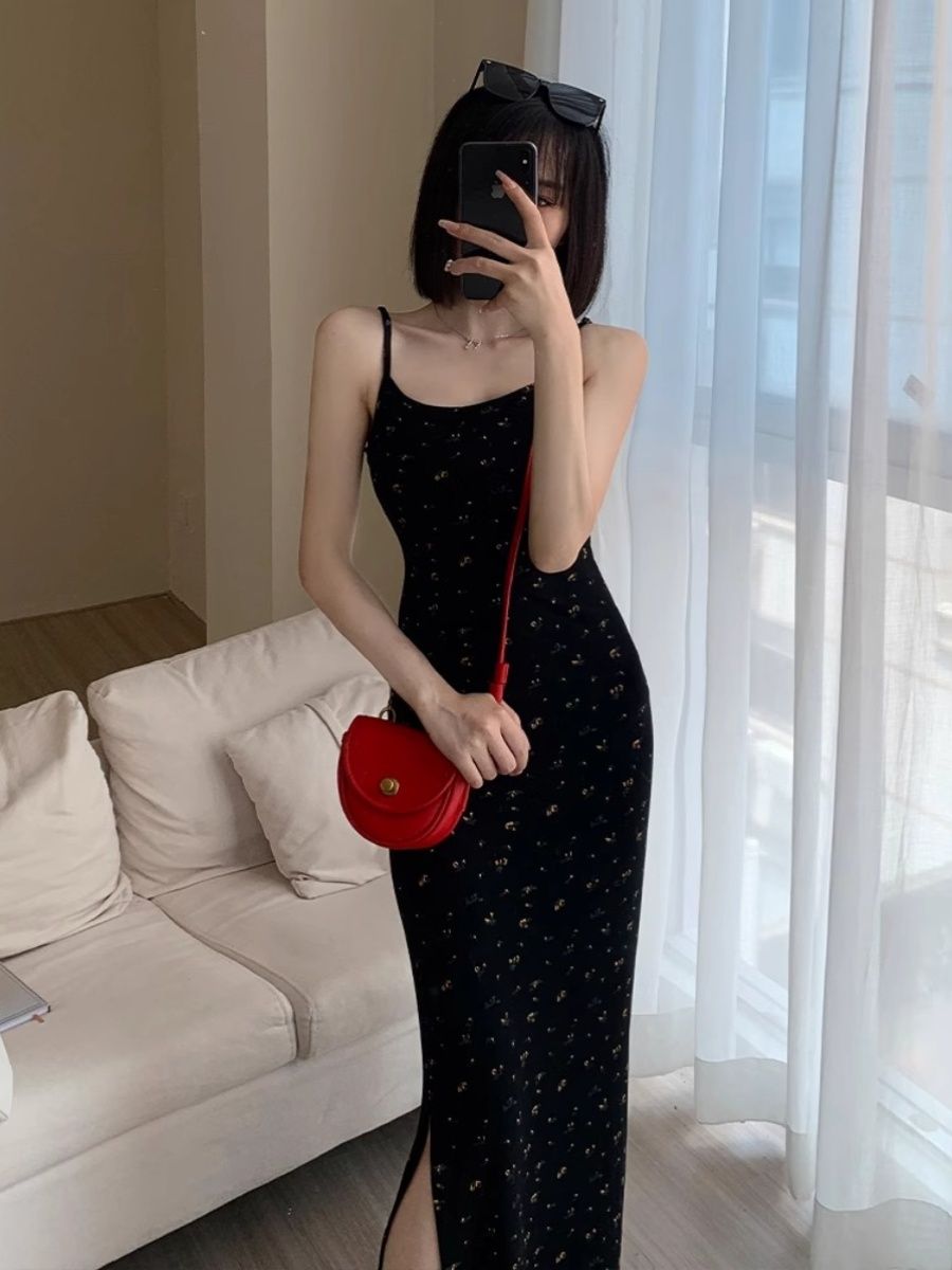 프랑스식 검정색 꽃무늬 슬립 여성 드레스 여름 새로운 몸매 가꾸기 슬림해 보이는 트임 한 마디 타이트 스커트 롱 스커트