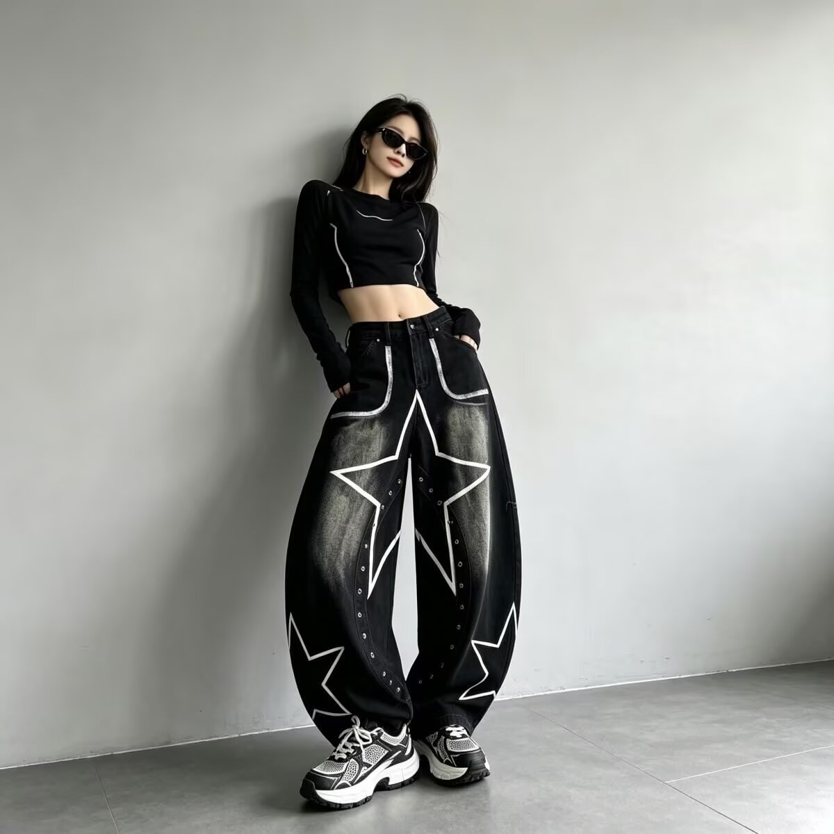 아메리칸 워싱 자수 모통이 칼 데님 바지 2026 가을 새로운 거리 hiphop 악당 잘 생긴 건강 와이드 레그 팬츠
