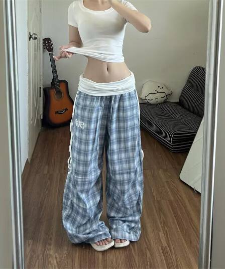 파란색 뒤집다 허리 패치워크 체크무늬 와이드 레깅스 바지 여름 새로운 스트레이트 캐주얼 바지 하이웨이스트 도루 센스 운동 바닥 청소 바지