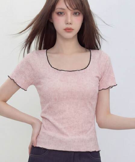 한국 눈꽃 마 배색 얇은 스타일 긍정적 인 어깨 u 칼라 반팔 티셔츠 여름 순수한 욕망 몸매 가꾸기 풀오버 기본 셔츠 맨위