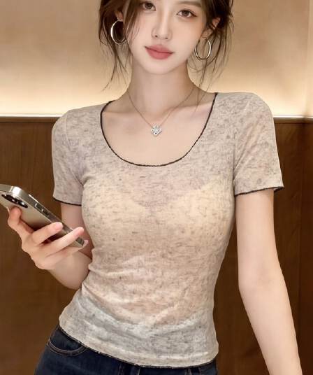 한국 눈꽃 마 배색 얇은 스타일 긍정적 인 어깨 u 칼라 반팔 티셔츠 여름 순수한 욕망 몸매 가꾸기 풀오버 기본 셔츠 맨위