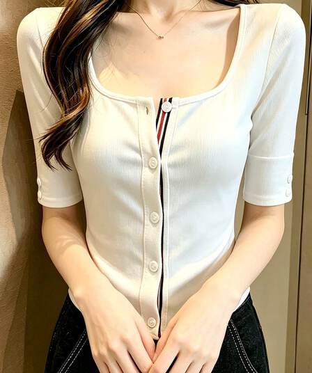사람들 면 2 2 화이트 u 칼라 긍정적 인 어깨 중간 소매 티셔츠 여성 여름 몸매 가꾸기 배색 디자인 센스 오픈 가디건 쇼트 스타일 맨위