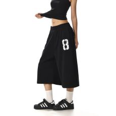 批发华棉面料印花工艺】抽绳潮风度松紧短裤男女夏宽松阔腿<b class='q'>七分裤</b>卫裤