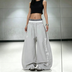 批发美式双腰头格纹拼接伞兵工装<b class='q'>裤</b>女夏季薄款运动<b class='q'>裤</b>潮流街舞阔腿<b class='q'>裤</b>子
