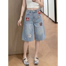 批发可爱卡通毛巾绣七分<b class='q'>牛仔</b>裤女复古小众慵懒阔腿百搭<b class='q'>短裤</b>