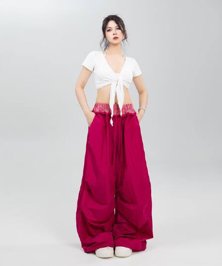 스트리트 댄스 조수 브랜드 높음 거리 레트로 패치워크 더블 허리 머리 긴 바지 천년기 핫걸 주름 루즈핏 낙하산 병 바지 여성 캐주얼 바지