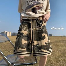 批发夏季迷彩<b class='q'>短裤</b>男女复古刺绣运动篮球裤子潮牌宽松直筒休闲百搭