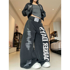 批发做旧水洗黑色美式hiphop卫裤女宽松阔腿<b class='q'>运动裤</b>爵士舞裤子男