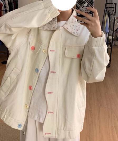 인터넷 유명인 느긋한 바람 색상 버클 폴로 칼라 꽃무늬 패치워크 루즈핏 신선함 달콤함 재킷 여성 코트