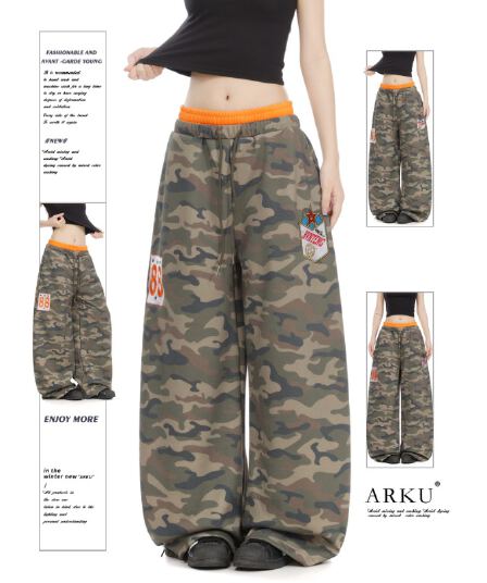 s-3xl300g 후아 면 복합 원단 카모플라주 배색 더블 허리 머리 패치워크 자수 모통이 칼 웨이 바지 아이들