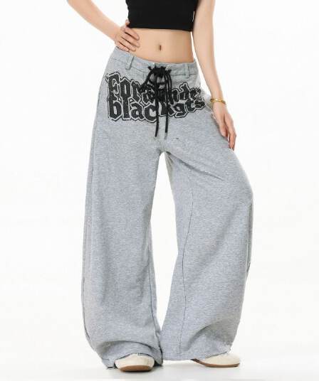 bs-2xl 원본 순수한 Mianhua 면 복합 십자가 스트랩 알파벳 프린트 모통이 칼 웨이 바지 회색 블랙