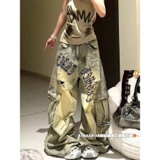 批发美式复古做旧破洞补丁牛仔裤男女款潮牌痞帅<b class='q'>大码</b>宽松嘻哈阔腿<b class='q'>长裤</b>