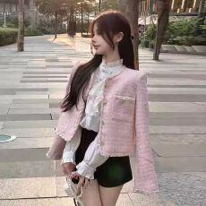 批发粉色小香风外套春秋女2026新款韩系<b class='q'>甜美</b>名媛风减龄粗花呢短款上衣