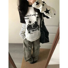 批发220g纯棉美式新款设计假两件撞色贫瘠长袖<b class='q'>T</b>恤上衣女