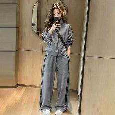 批发春秋新款2026穿搭侧拉条套装女立领长袖卫衣阔腿裤两件套