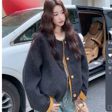 批发法式慵懒风撞色拼接毛呢外套女2026秋冬季新款休闲时尚圆领<b class='q'>上衣</b>潮