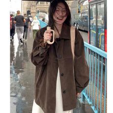 批发美式复古麂皮绒中长款外套<b class='q'>女</b>秋季新款韩版高级感宽松夹克上衣