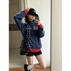 批发原创星星字母刺绣双条纹立领夹克男女秋冬季美式小众短款开衫<b class='q'>外套</b>