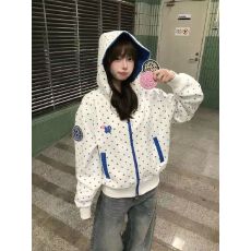 批发韩系复古满印星星魔术贴撞色连帽卫衣女甜美少女风开衫百搭<b class='q'>外套</b>潮