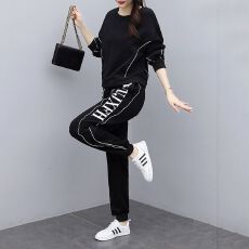 批发直贡呢200克<b class='q'>休闲</b>套装女春秋季新款时尚大码洋气宽松长袖两件套