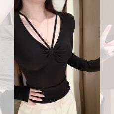 批发人棉磨毛纯欲性感辣妹修身收腰V领长袖T恤女秋冬内搭短款打底上衣