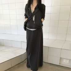 批发设计感复古<b class='q'>立领</b>拉链开衫卫衣外套高腰垂感系带半身长裙一整套潮女