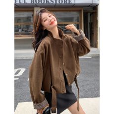 批发美拉德复古休闲时尚格纹拼接毛呢外套女2026秋新款轻熟风立领上衣