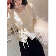 批发老赵服饰 白色拼接<b class='q'>不规则</b>系带下摆蕾丝打底衫上衣