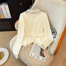 批发老赵服饰 白色拼接<b class='q'>不规则</b>系带下摆蕾丝打底衫上衣