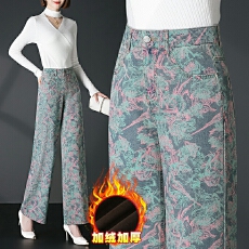 批发实拍加绒牛仔直筒裤女秋冬高腰显瘦印花宽松垂感<b class='q'>中年</b>妈妈保暖裤子