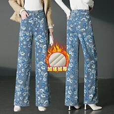 批发实拍加绒牛仔直筒裤女秋冬高腰显瘦印花宽松垂感<b class='q'>中年</b>妈妈保暖裤子