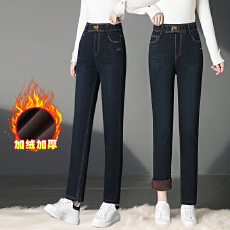 批发实拍加绒牛仔裤女秋冬2025新款宽松小直筒裤垂感高腰<b class='q'>中年</b>妈妈裤子