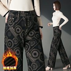 批发实拍加绒牛仔直筒裤女秋冬高腰显瘦印花宽松垂感<b class='q'>中年</b>妈妈保暖裤子
