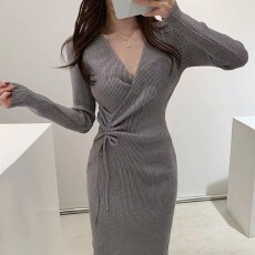 批发韩国chicV领褶皱抽绳收腰显瘦中长款包臀针织<b class='q'>连衣裙</b>