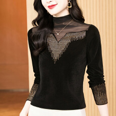 批发实拍 新款洋气百搭高领<b class='q'>网纱</b>拼接丝绒烫钻长袖打底衫女