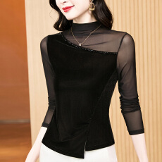 批发实拍 新款时尚百搭黑色<b class='q'>网纱</b>拼接丝绒长袖打底衫女