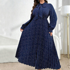 批发中东气质优雅<b class='q'>蓝色</b>碎花<b class='q'>连衣裙</b>女圆领系带长袖宽松长款气质休闲裙