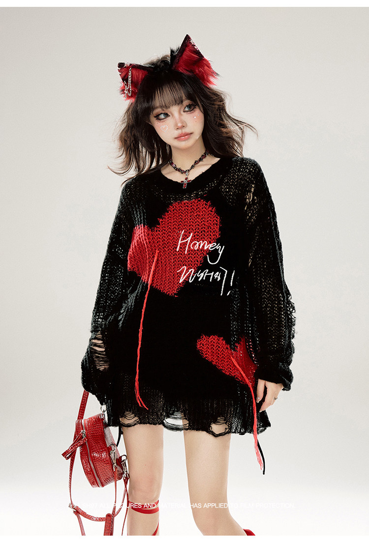 배색 하트 니트 스웨터 여성 봄 자외선 차단 루즈핏 oversize 홀로우 아웃 스택 착용 블라우스 맨위