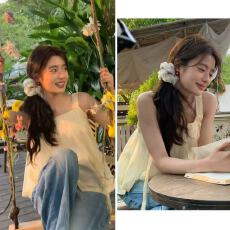 徐若晗同款法式立体蝴蝶装饰吊带娃娃衫度假风无袖上衣女夏季新款