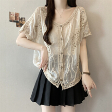 批发实拍～大码钩花镂空V领<b class='q'>短袖</b>雪纺衬衫女2026夏高级设计感罩衫上衣