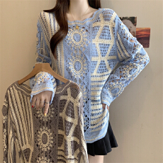 批发实拍～大码法式镂空钩花长袖防晒针织<b class='q'>罩衫</b>女2026早春外穿显瘦上衣