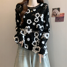 批发实拍～大码韩系重工钩花<b class='q'>镂空</b>长袖针织<b class='q'>衫</b>女早春百搭设计感宽松上衣