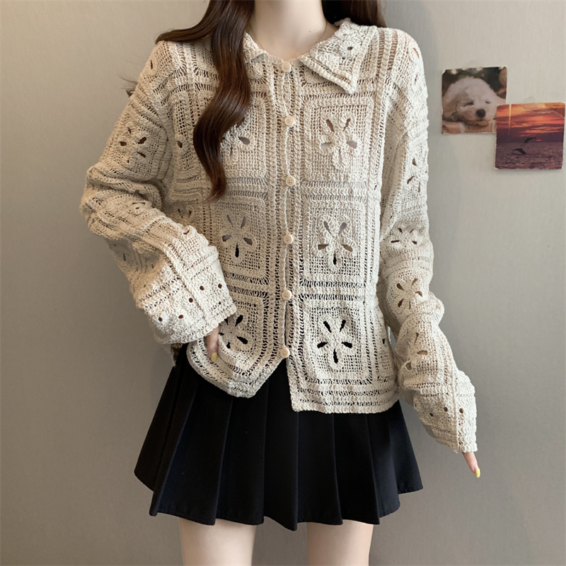 MY16126#大码法式镂空长袖针织开衫女新款宽松显瘦外套上衣女裝貨源服裝...