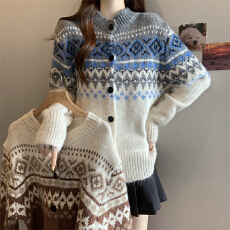 批发实拍～大码费尔岛复古提花毛衣女宽松慵懒氛围感针织开衫外套