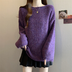 批发实拍～大码高级紫色长袖毛衣女2025新款慵懒风休闲宽松针织上衣
