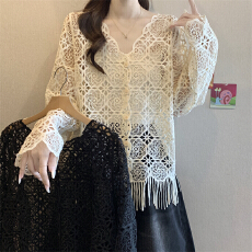 批发实拍～大码显瘦镂空<b class='q'>蕾丝</b>衫上衣2026早春新款长袖防晒衫<b class='q'>罩衫</b>衬衣