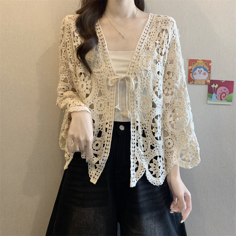 MY16130#大码钩花镂空系带针织开衫女波西米亚喇叭袖罩衫上衣女裝貨源服...