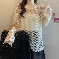 批发实拍～大码设计感独特亮片镂空长袖<b class='q'>蕾丝</b>衫早春宽松叠穿<b class='q'>罩衫</b>外搭