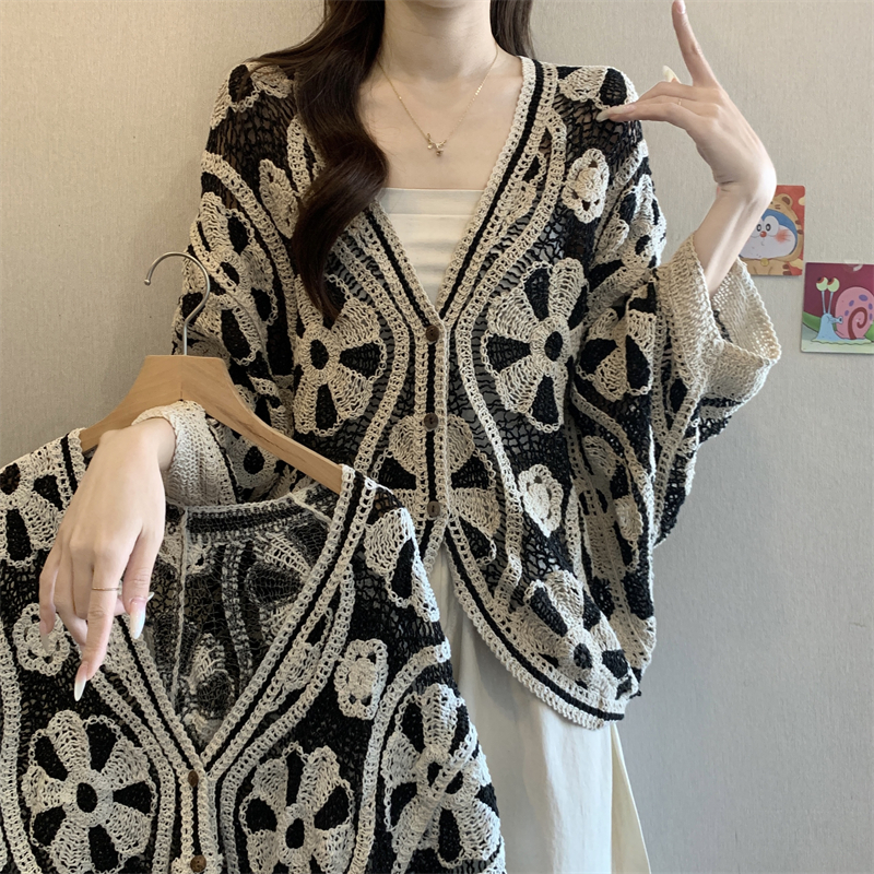 MY16128#大码法式钩花镂空V领衬衫蝙蝠袖防晒外搭开衫女裝貨源服裝批發