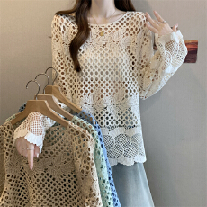 批发实拍～大码法式高级感钩花镂空<b class='q'>蕾丝</b>衫女早春宽松显瘦外搭罩衫<b class='q'>上衣</b>